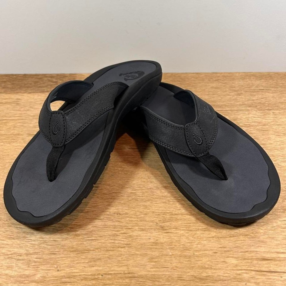 OluKai Ohana Mens Black Flip Flops Sandals US 11 EU 44 10110A-4042